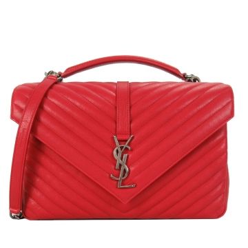 YSL 聖羅蘭MONOGRAM系列復古金屬LOGO羊皮學院手提/肩背包(大/紅