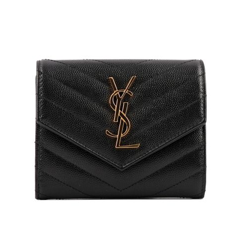 YSL 山形紋荔枝皮金字logo三折短夾(黑色) 403943 BOW01 1000