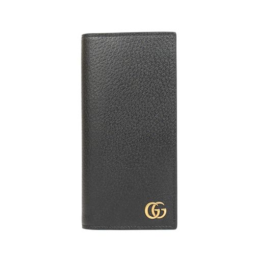 GUCCI 古馳 Marmont 牛皮紋復古黃銅LOGO對開男用長夾(黑色)