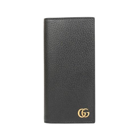 GUCCI 古馳 Marmont 牛皮紋復古黃銅LOGO對開男用長夾(黑色)