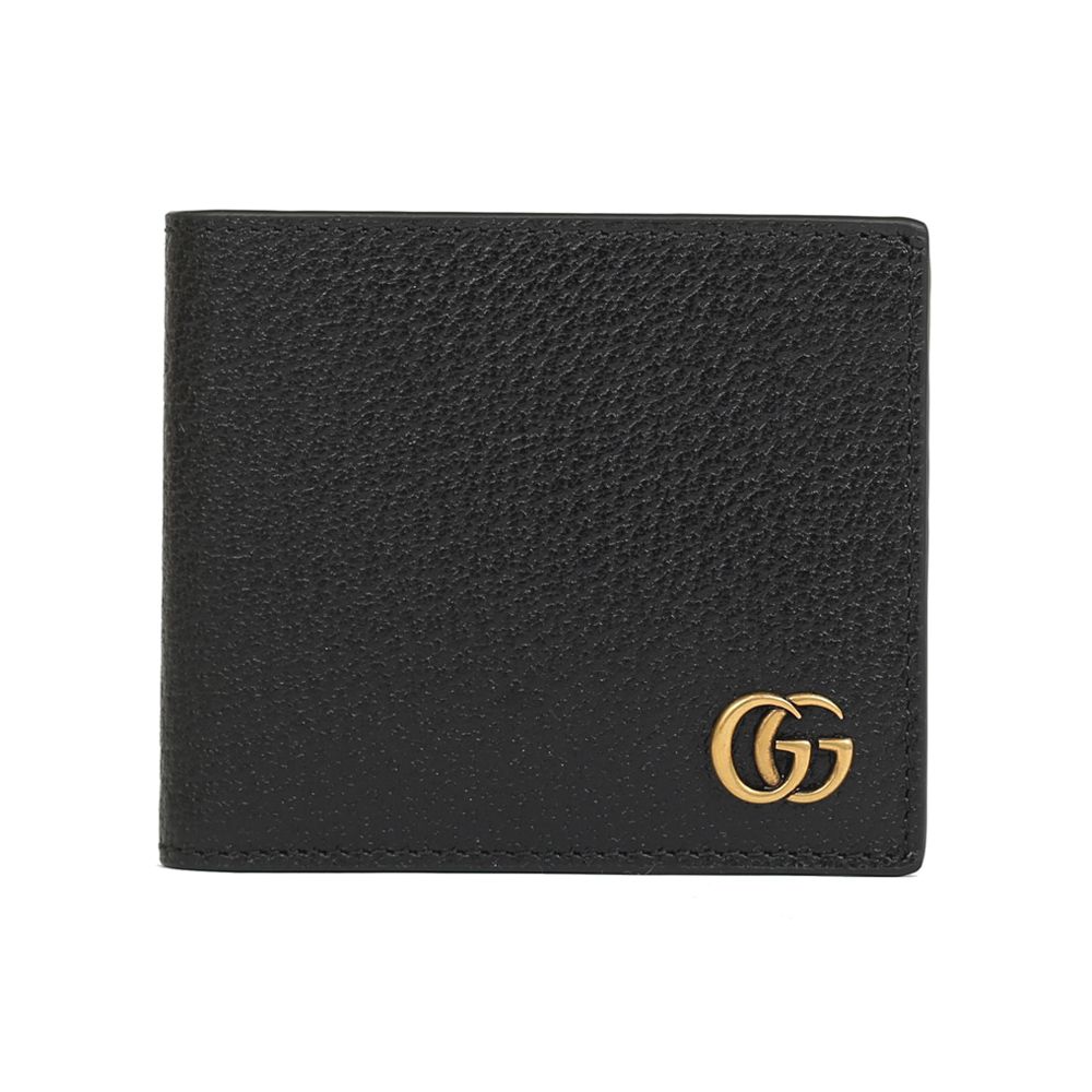 GUCCI 古馳 Marmont 牛皮紋黃銅LOGO對折八卡夾(黑色)