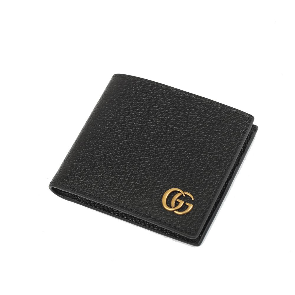 GUCCI 古馳 Marmont 牛皮紋黃銅LOGO對折八卡夾(黑色)