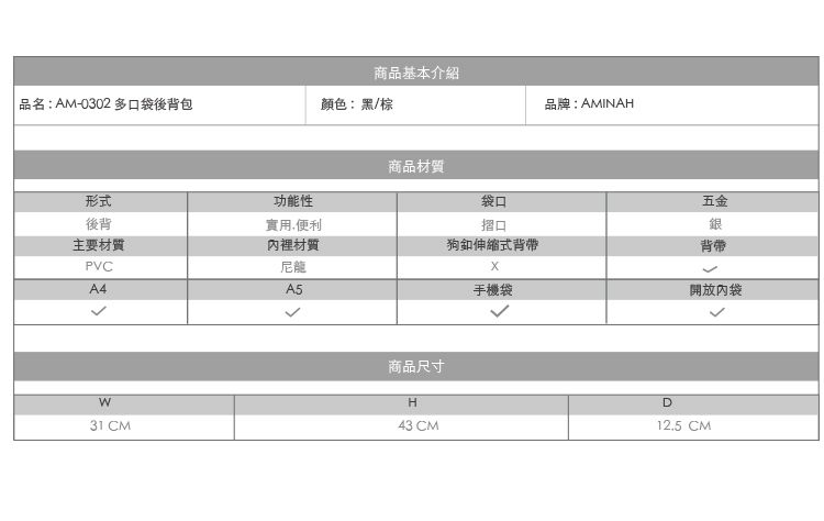 商品基本介紹品名:AM-0302 多口袋後背包顏色:黑/棕品牌:AMINAH商品材質形式功能性後背實用,便利摺口主要材質PVC內裡材質尼龍狗伸縮式背帶五金銀背帶A4A5手機袋開放內袋31 CM商品尺寸H43 CMD12.5CM
