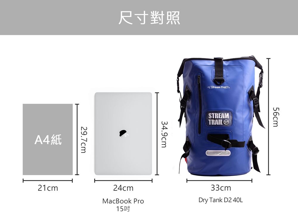 尺寸對照A4紙29.7cm34.9cmStream TrailSTREAMTRAIL56cm21cm24cm33cmMacBook Pro15Dry Tank D2 40L