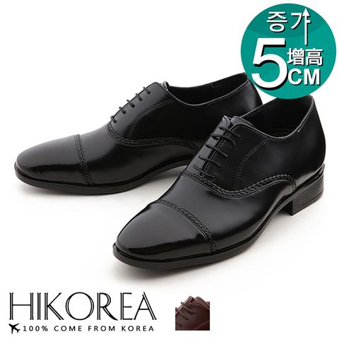 【HIKOREA】韓國空運/韓國皮鞋。紳士款增高5cm亮面皮革拼接綁帶尖頭皮鞋(73-370共2色/現貨+預購)