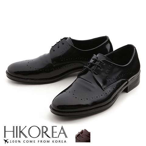 【HIKOREA】韓國空運/韓國皮鞋。男款質感皮革拼接牛津雕花設計紳士尖頭皮鞋(73-374共2色/現貨+預購)
