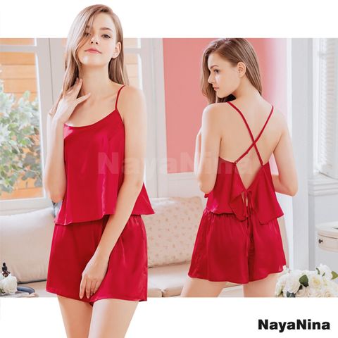 【Naya Nina】法式艷紅緞面交叉美背細肩短褲套裝居家服睡衣