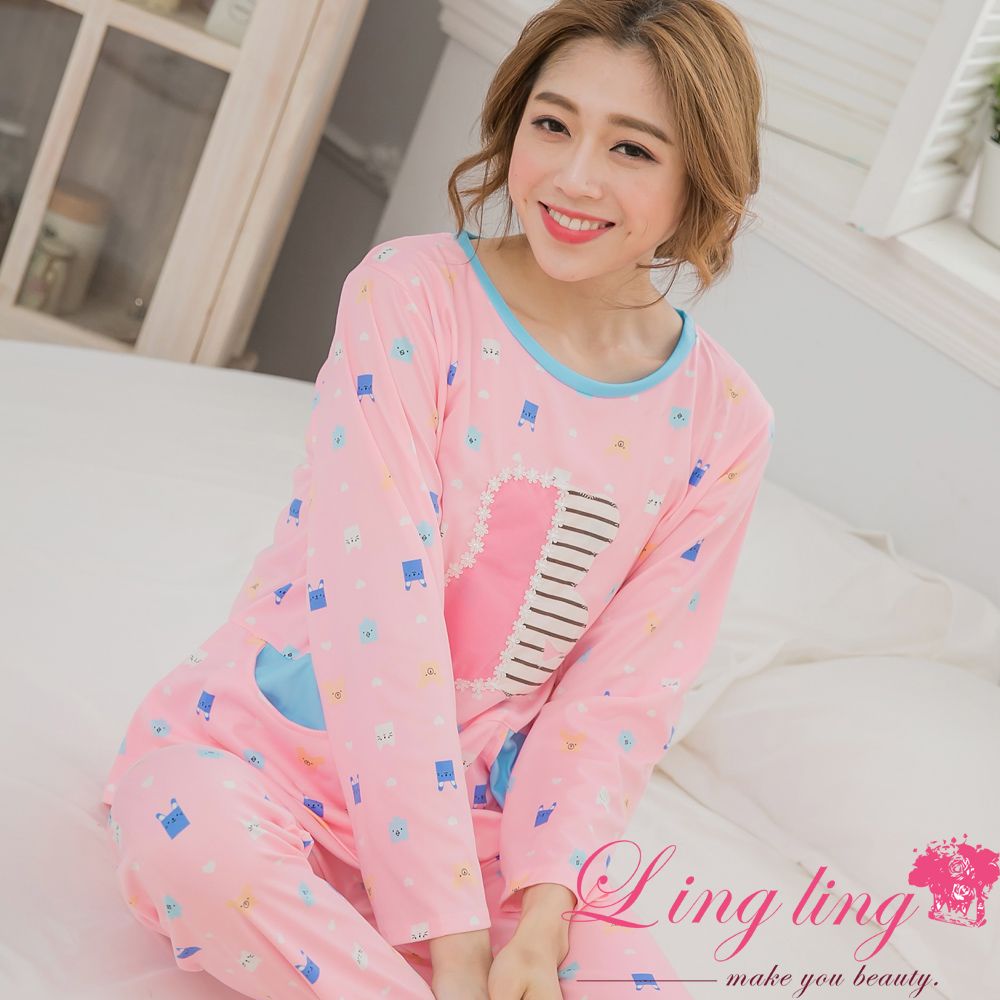 LINGLING A3044 全尺碼-動物印花愛心牛奶絲長袖睡衣+長褲(二件式睡衣組)(派對粉)
