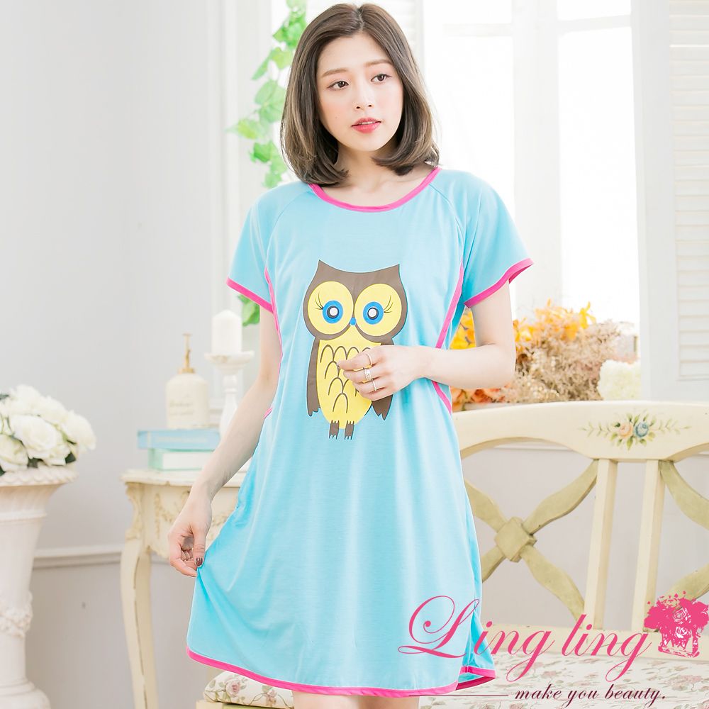 LINGLING A3501-01 全尺碼-貓頭鷹哺乳孕婦連身裙居家睡衣(甜蜜藍)