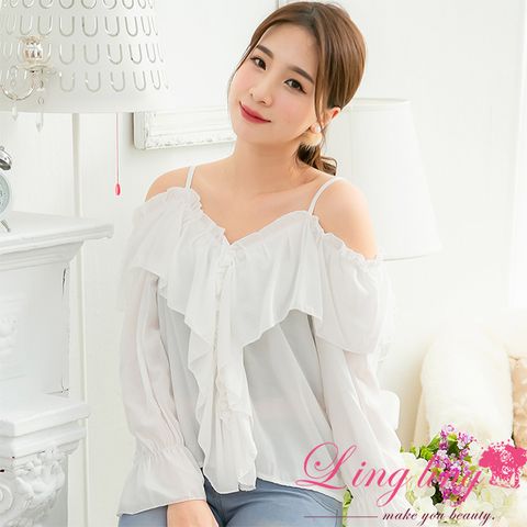 LINGLING 中大尺碼 A3922-01 女裝 M型領細肩帶荷葉袖上衣(氣質白)