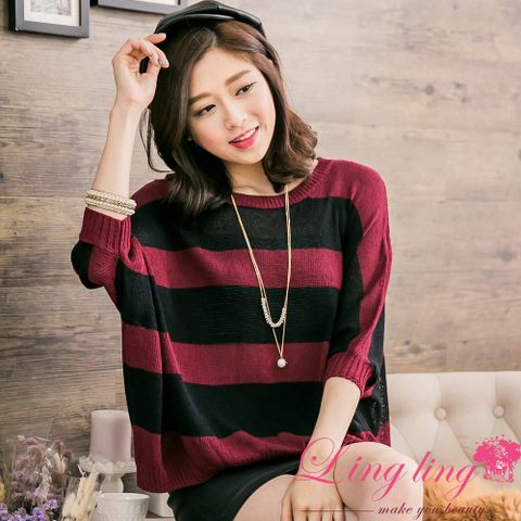 LINGLING A2677-02 女裝 簡約橫條紋寬鬆針織衫上衣(甜棗紅黑)