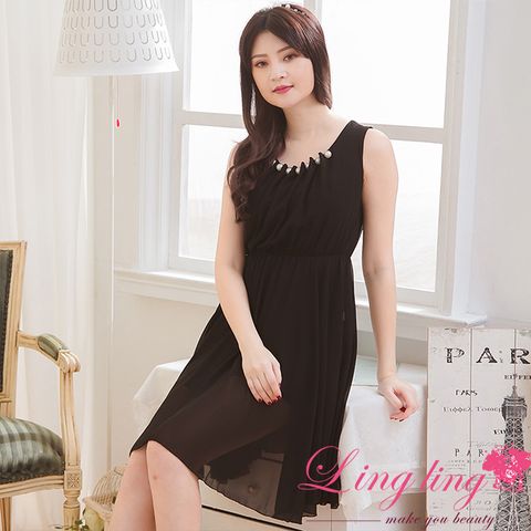 lingling A3522-04優雅氣息珠領雪紡波浪及膝背心洋裝(魅力黑)