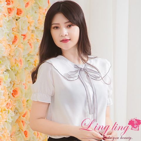 LINGLING A3722-02 女裝 大翻領撞色蝶結鬆緊荷葉袖襯衫上衣(時尚銀灰)