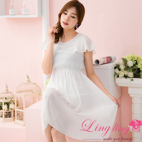 lingling A3742-02竹節雪紡腰鬆緊飾包釦波浪袖後綁結洋裝(氣質白)