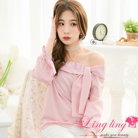 LINGLING A3919-02 女裝 露肩翻領綁結上衣(紅白條)