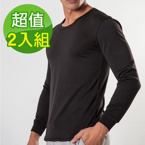 G+居家 2入刷毛暖暖衣束口發熱衣-圓領黑色男款 保暖衣/機能上衣/內搭衣/素色長袖上衣/秋冬男上衣/U領