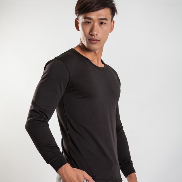 G+居家 2入刷毛暖暖衣束口發熱衣-圓領黑色男款 保暖衣/機能上衣/內搭衣/素色長袖上衣/秋冬男上衣/U領