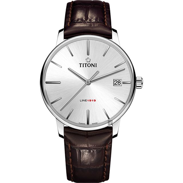 TITONI 梅花錶   LINE1919 百年紀念 T10 機械錶-銀x咖啡色錶帶/40mm 83919 S-ST-575