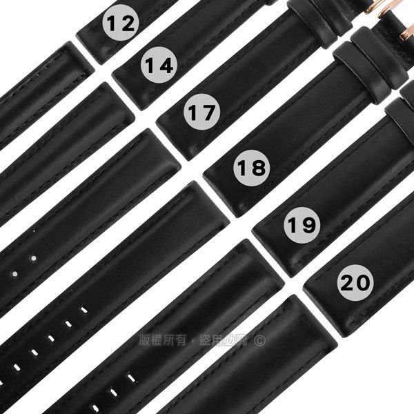 Watchband  / 12.14.17.18.19.20 mm / 各品牌通用 DW 復刻真皮替用錶帶 鍍玫瑰金不鏽鋼扣頭 黑色 828-02-BK