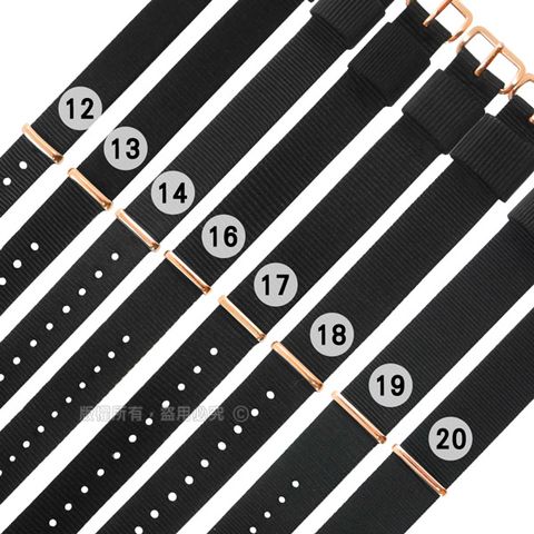 Watchband / DW 各品牌通用 鍍玫瑰金不鏽鋼扣頭 尼龍錶帶 黑色