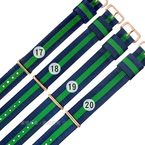 Watchband / 17.18.19.20 mm / DW 各品牌通用 時尚撞色 鍍玫瑰金不鏽鋼扣頭 尼龍錶帶 藍x綠 828-31-BGB-R