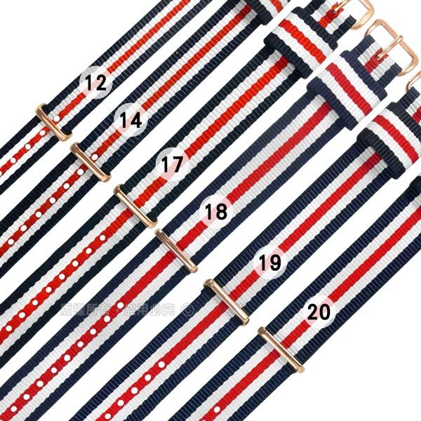 Watchband  / 12.14.17.18.19.20 mm / DW 各品牌通用 鍍玫瑰金不鏽鋼扣頭 尼龍錶帶 藍x白x紅 828-31-BWRWB-R