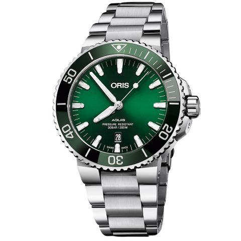 ORIS 豪利時 Aquis 時間之海潛水300米日期機械錶-綠x銀/43.5mm 0173377304157-0782405PEB