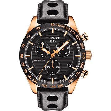 TISSOT 天梭 PRS516 三眼計時手錶-黑x玫塊金框/42mm T1004173605100