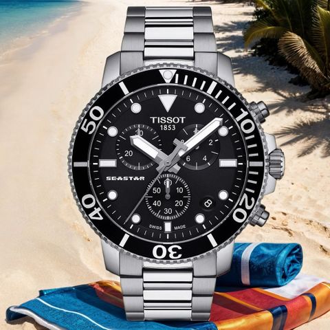 TISSOT 天梭 Seastar 1000 海洋之星300米潛水計時錶-黑x銀/45mm T1204171105100