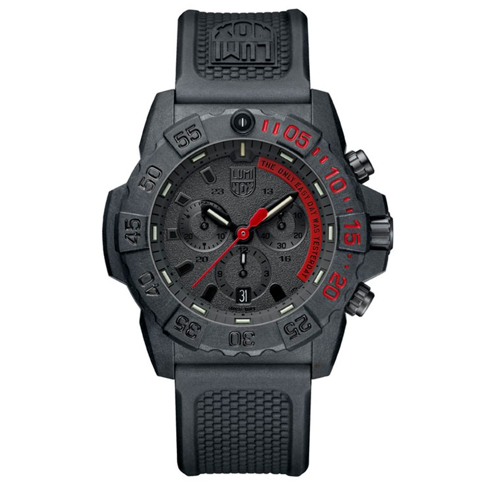 LUMINOX 雷明時 NAVY SEAL CHRONO 3580海豹三眼計時腕錶-消光黑x紅時標/45mm (3581EY)