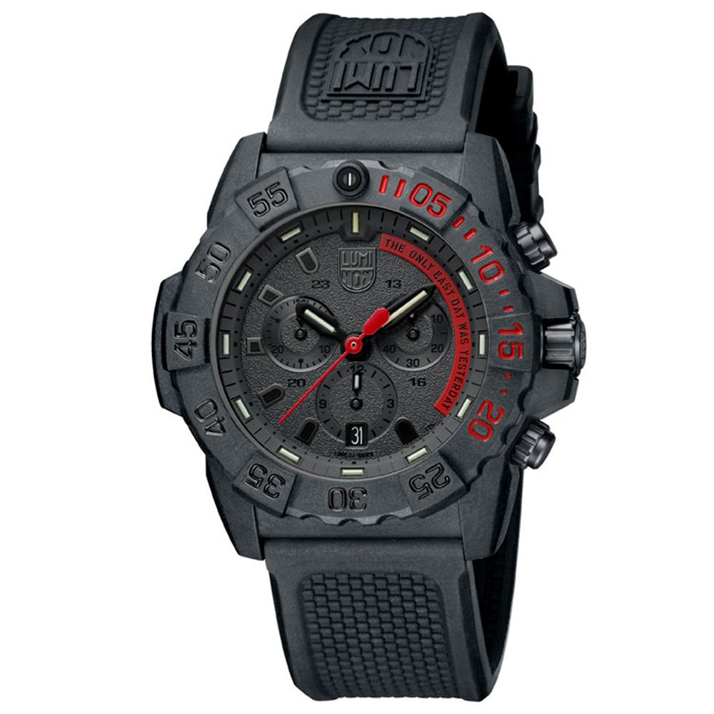 LUMINOX 雷明時 NAVY SEAL CHRONO 3580海豹三眼計時腕錶-消光黑x紅時標/45mm (3581EY)