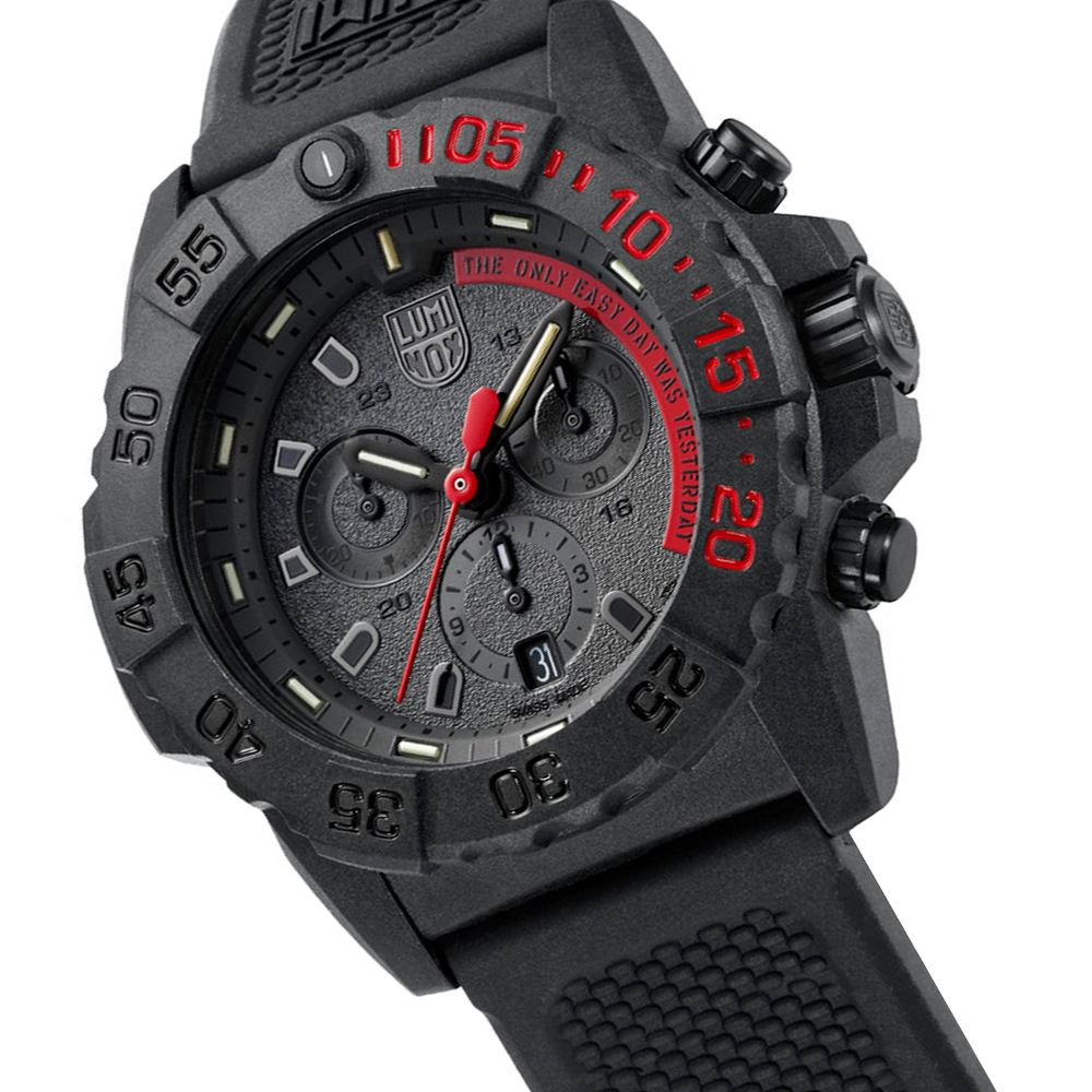 LUMINOX 雷明時 NAVY SEAL CHRONO 3580海豹三眼計時腕錶-消光黑x紅時標/45mm (3581EY)