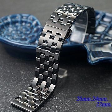 全新 不鏽鋼實心五珠摺疊扣-金屬錶帶黑色款 (26mm.24mm.20mm.20mm)