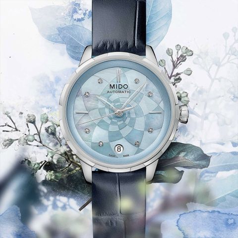 母親感恩月▼送禮推薦MIDO 美度 Rainflower 花雨系列真鑽機械女錶-珍珠貝x藍/34mm M0432071613100