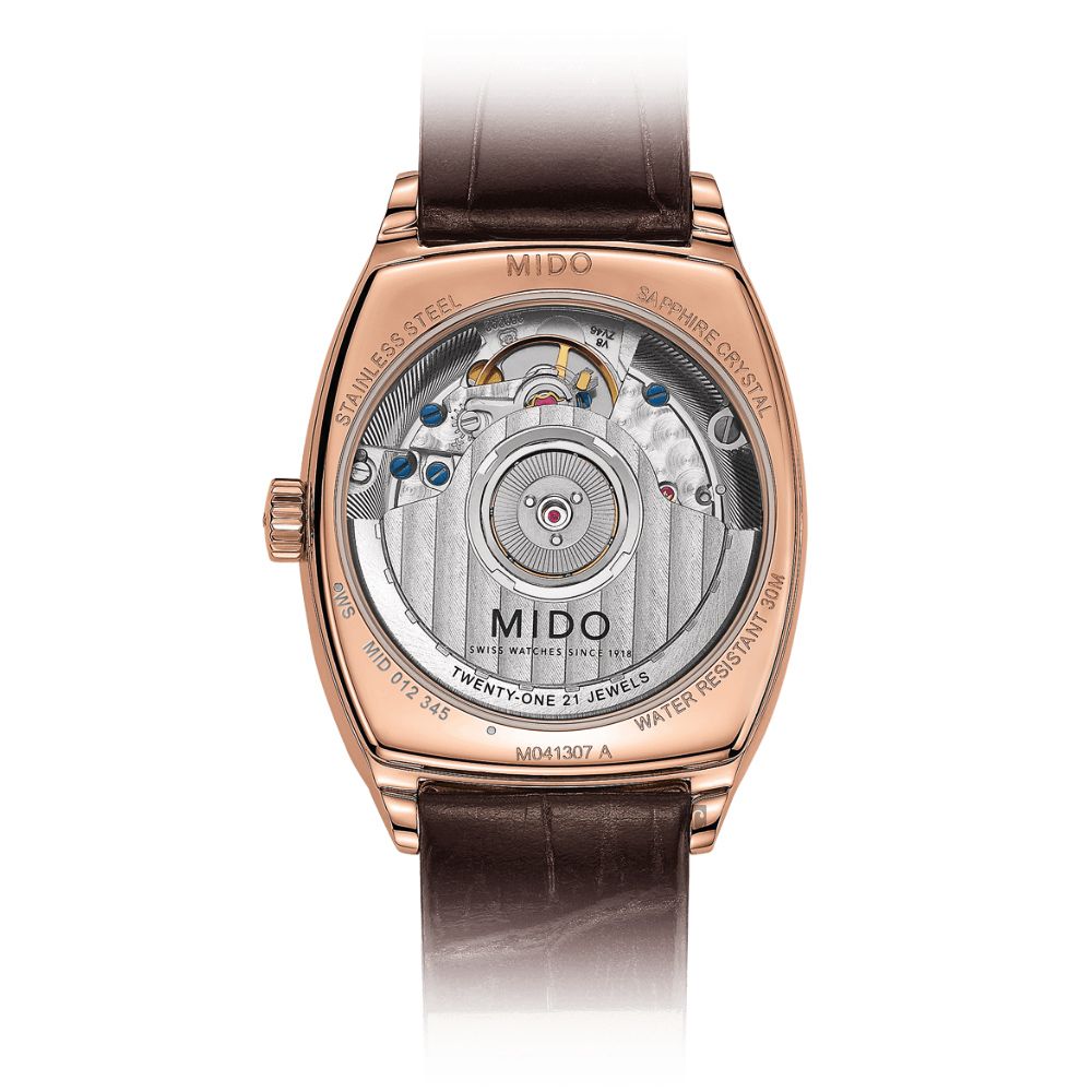 STAINLESS STEELMID 12 345MIDOSAPPHIRE CRYSTALWATER  30MMIDO WATCHES SINCE 1918TWENTY-ONE 21 JEWELS0M041307 A