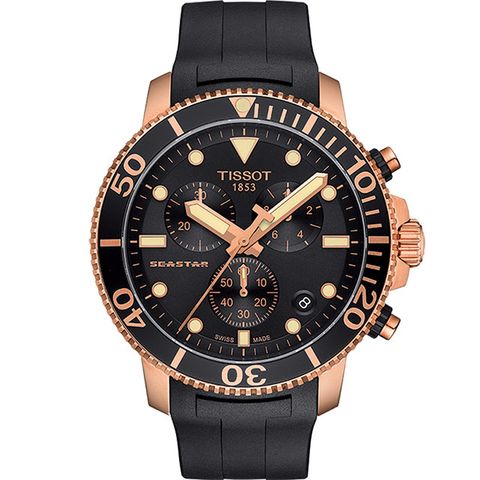母親感恩月▼送禮推薦TISSOT 天梭 Seastar 1000 海洋之星300米計時手錶-黑x玫塊金框 T1204173705100