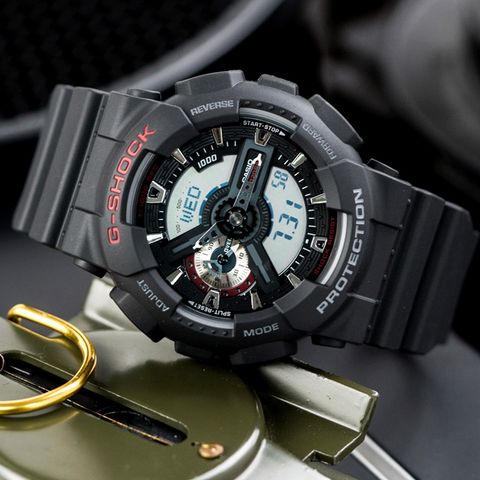 CASIO 卡西歐 G-SHOCK 暗黑重機裝置指針雙顯概念錶-GA-110-1ADR 黑x紅/55mm