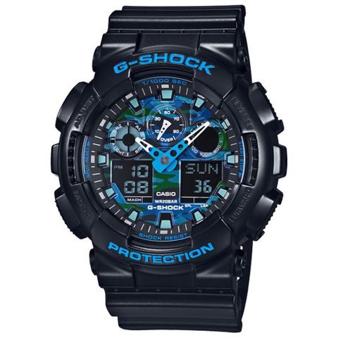 CASIO 卡西歐 G-SHOCK系列 酷炫迷彩設計雙顯電子錶 (藍 GA-100CB-1A )