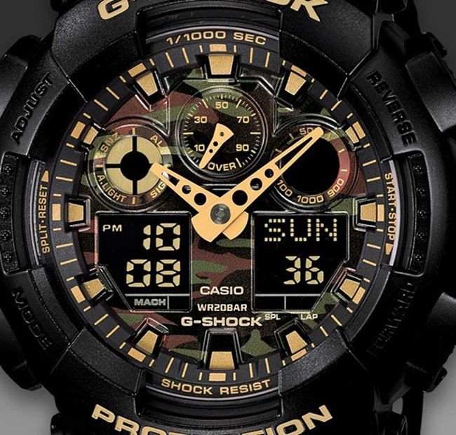 CASIO】卡西歐G-SHOCK系列經典迷彩雙顯電子錶(黑/金GA-100CF-1A9