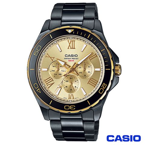 日本平輸一年保固CASIO卡西歐 時尚三眼黑鋼型男腕錶 MTD-1075BK-9A