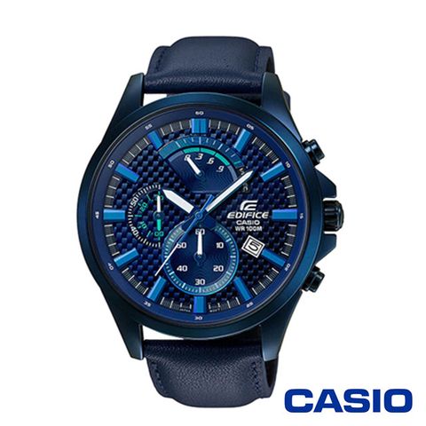 日本平輸一年保固CASIO卡西歐 碳纖維格紋三眼皮革男腕錶-藍x47mm EFV-530BL-2A