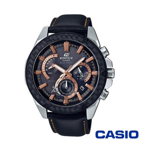 CASIO 卡西歐 經典格紋皮革太陽能時計男腕錶-黑x48mm EQS-910L-1A