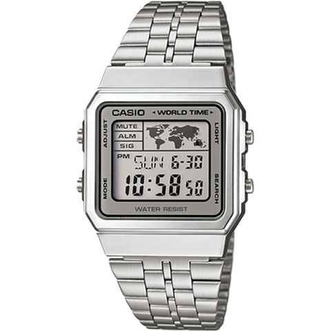 CASIO 卡西歐 全球地圖復古風電子錶-銀x灰邊/34mm