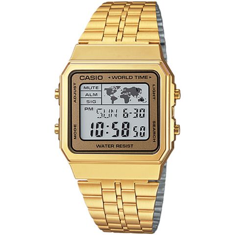 CASIO 卡西歐 全球地圖復古風電子錶-金/34mm