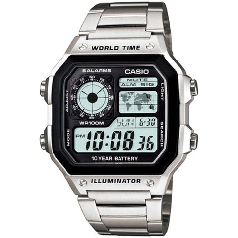 【CASIO 卡西歐】復古風格電子數位休閒錶-鋼帶款/AE-1200WHD-1A
