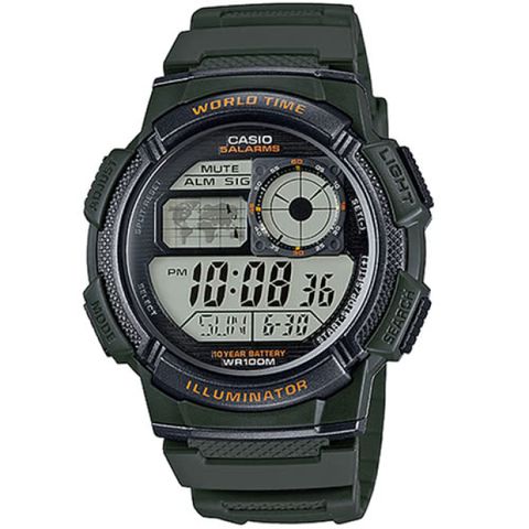 【CASIO 卡西歐】世界時間數位電子錶-墨綠(AE-1000W-3AVDF)