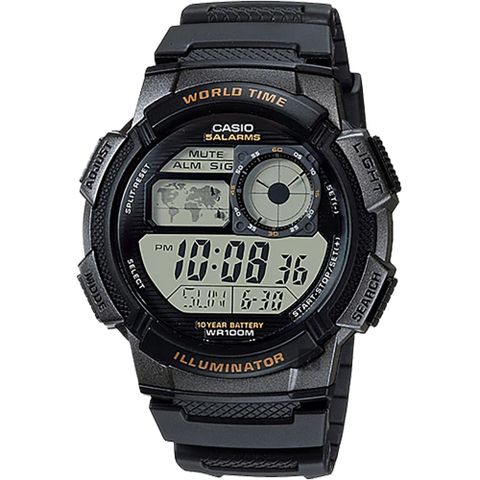 CASIO 卡西歐 10年電力世界時間手錶-黑 AE-1000W-1AV