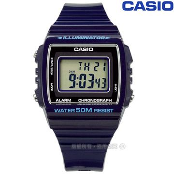 CASIO / W-215H-2A / 卡西歐 計時碼錶 LED照明 鬧鈴 電子數位 橡膠手錶 深藍紫色 38mm