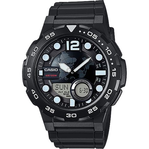 CASIO 卡西歐 10年電力勁黑地圖錶 AEQ-100W-1A