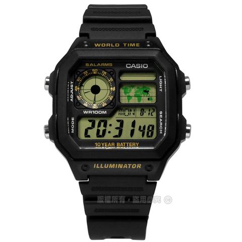 CASIO / AE-1200WH-1B / 卡西歐 電子液晶 計時碼錶 世界時間 防水100米 橡膠手錶 黑色 40mm